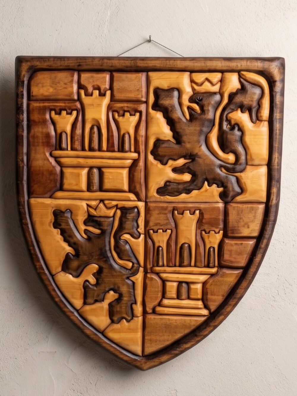 Vintage Castile & Leon Spain Carved Wood Coat of Arms Shield Wall Plaque 8"